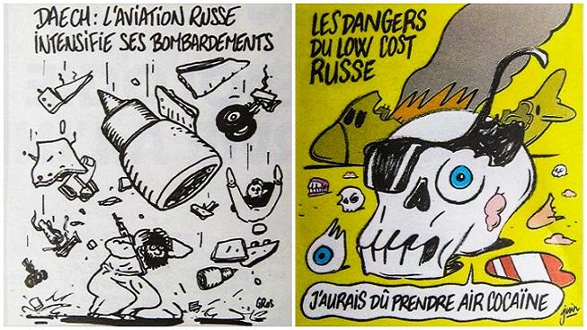 Karikatury pádu airbusu ve francouzském satirickém časopise