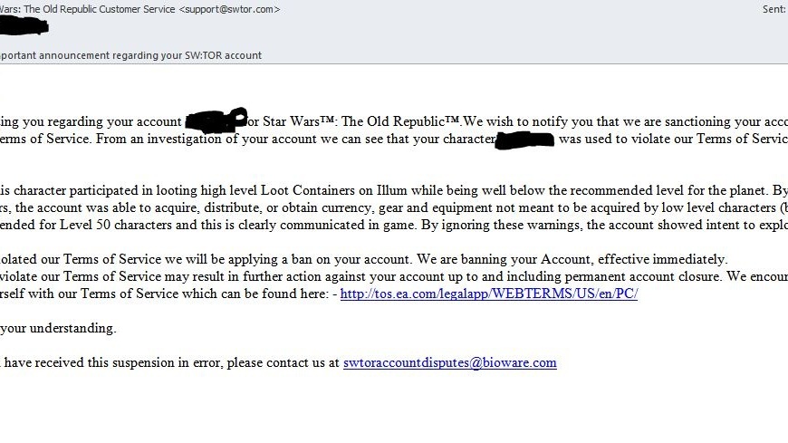 Podezřelý ban za lootování ve Star Wars: Old Republic