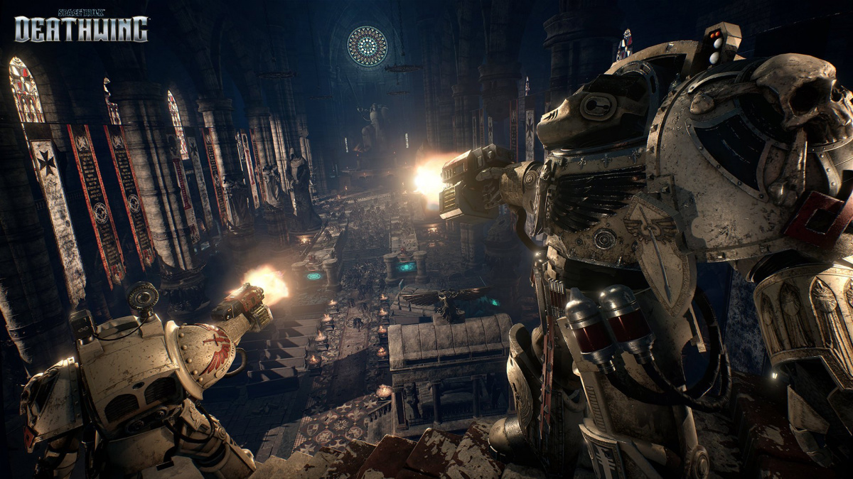 Interiéry obrovských lodí jako bojiště na obrázcích ze střílečky Space Hulk: Deathwing