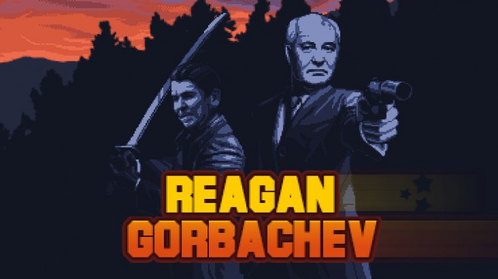 Reagan Gorbachev dává slavným politikům do rukou raketomet a katanu