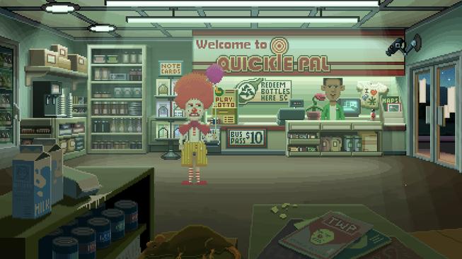 Další hratelnou postavou v adventuře Thimbleweed Park je cynický, sprostý klaun