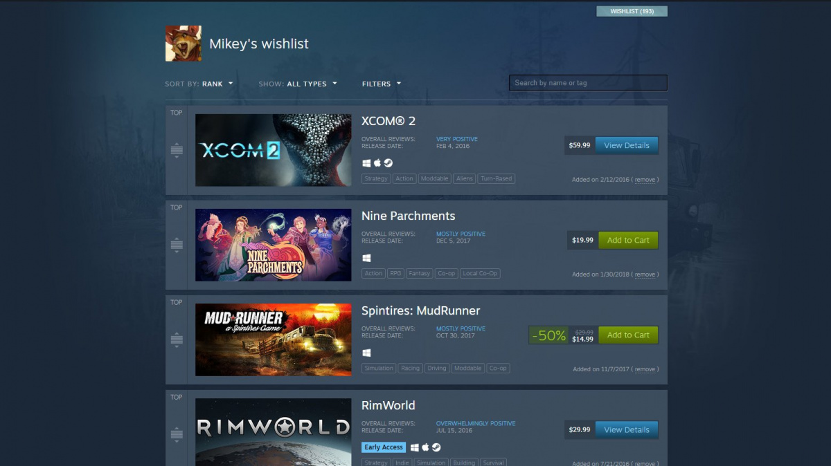 Valve rozšiřuje možnosti třídění seznamu přání na Steamu