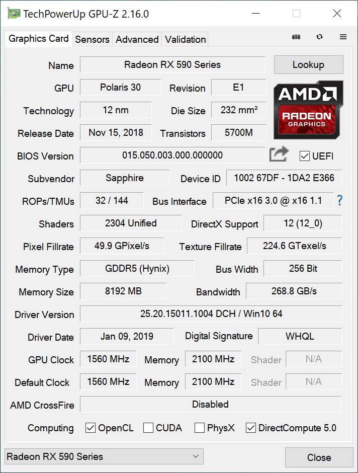GPU-Z Sapphire Radeon RX 590 Nitro+ Special Edition