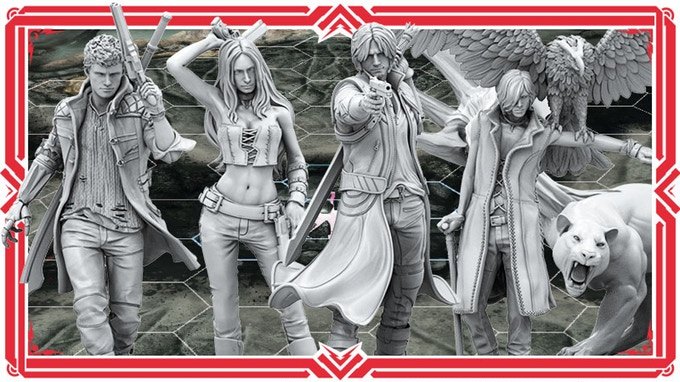 Dante, Nero, Trish a V jako krásné figurky v deskovce Devil May Cry: The Bloody Palace