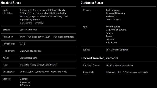 HTC Vive Cosmos specifikace