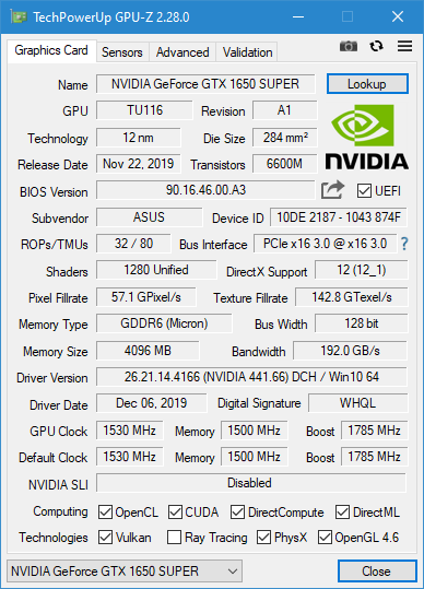GPU-Z GTX 1650 Super
