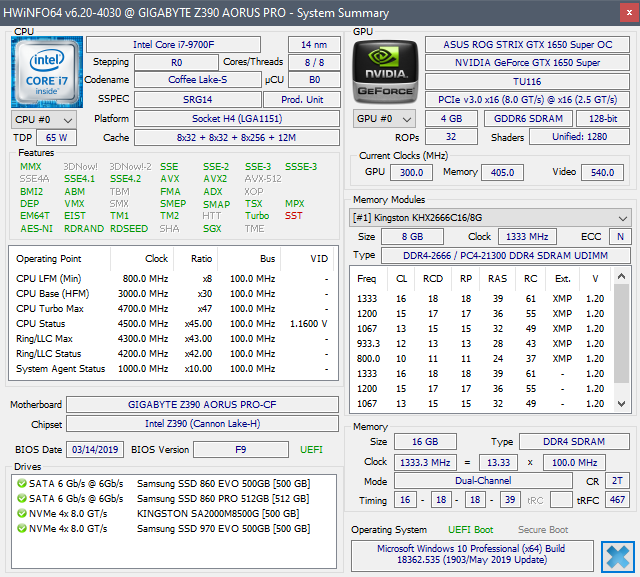 HWInfo testovací sestava GeForce GTX 1650 Super