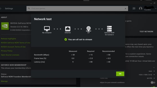 GeForce Now test sítě