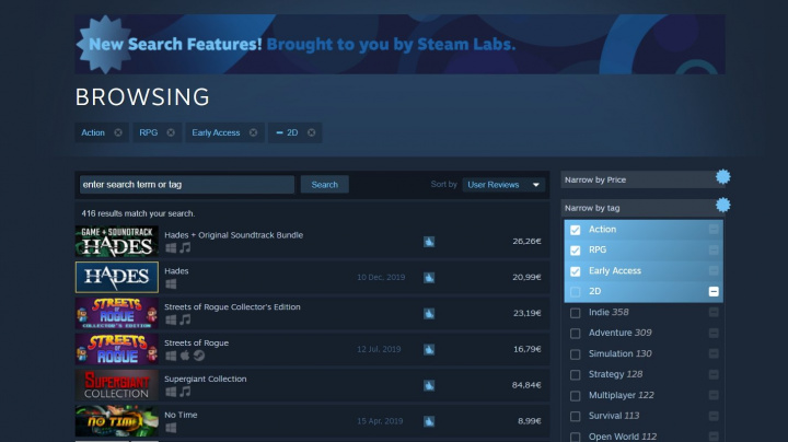 Steam se naučil lépe vyhledávat hry. Používá cenu, tagy a další preference
