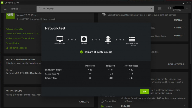 GeForce NOW test sítě
