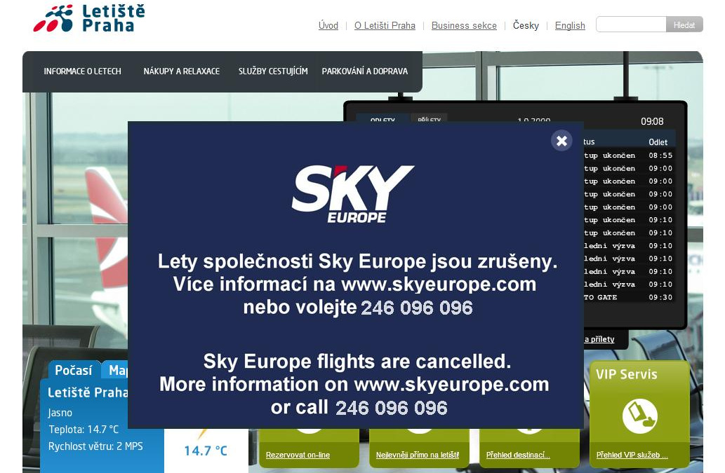SkyEurope zbankrotovala a zrušila všechny lety
