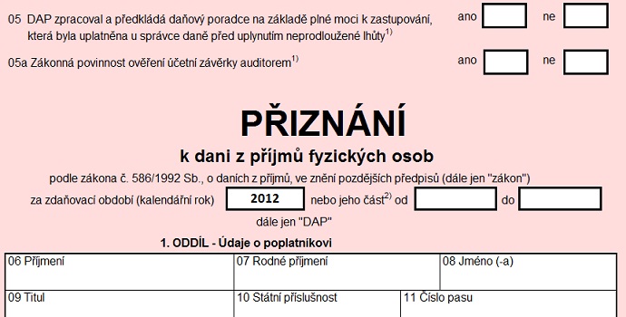 Daňové přiznání: Interaktivní daňový formulář za rok 2012