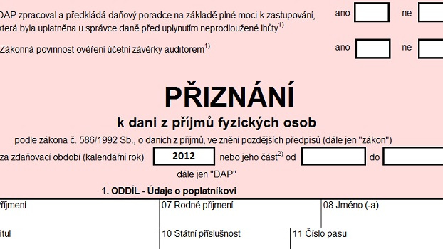 Daňové přiznání: Interaktivní daňový formulář za rok 2012