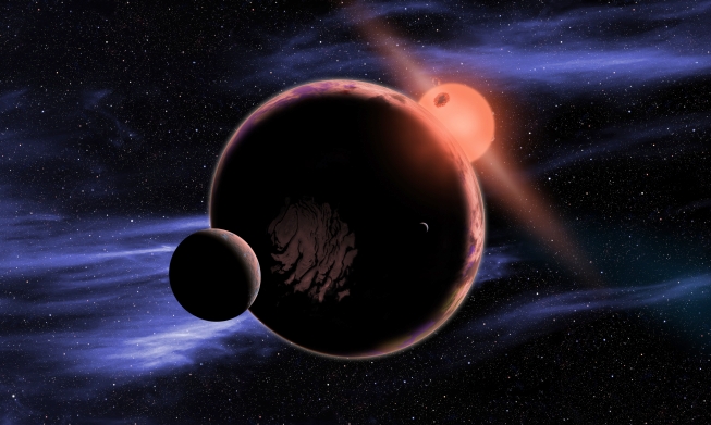 Model exoplanety se dvěma měsíci, obíhající červeného trpaslíka