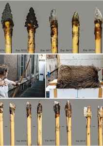 a) šípy před experimentem, b) střelba z luku a terč, c) poškození šípů po střelbě