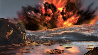 Umělecké zobrazení asteroidu explodujícího při dopadu do marsovského oceánu.