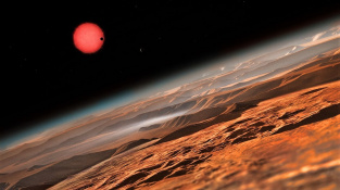Ilustrace povrchu skalnaté exoplanety obíhající v obyvatelné zóně červeného trpaslíka.