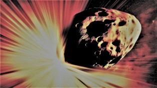 Ilustrace jaderné nálože vybuchující u asteroidu, který se řítí na Zemi.