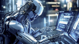 Futuristický robot-hacker píše na počítači škodlivý malware kód.