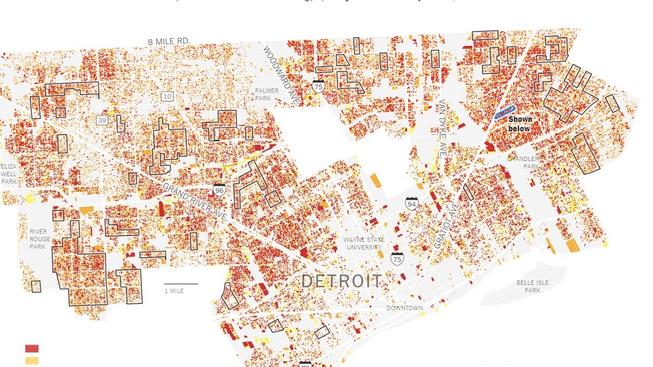 Mapa chátrajících budov v Detroitu