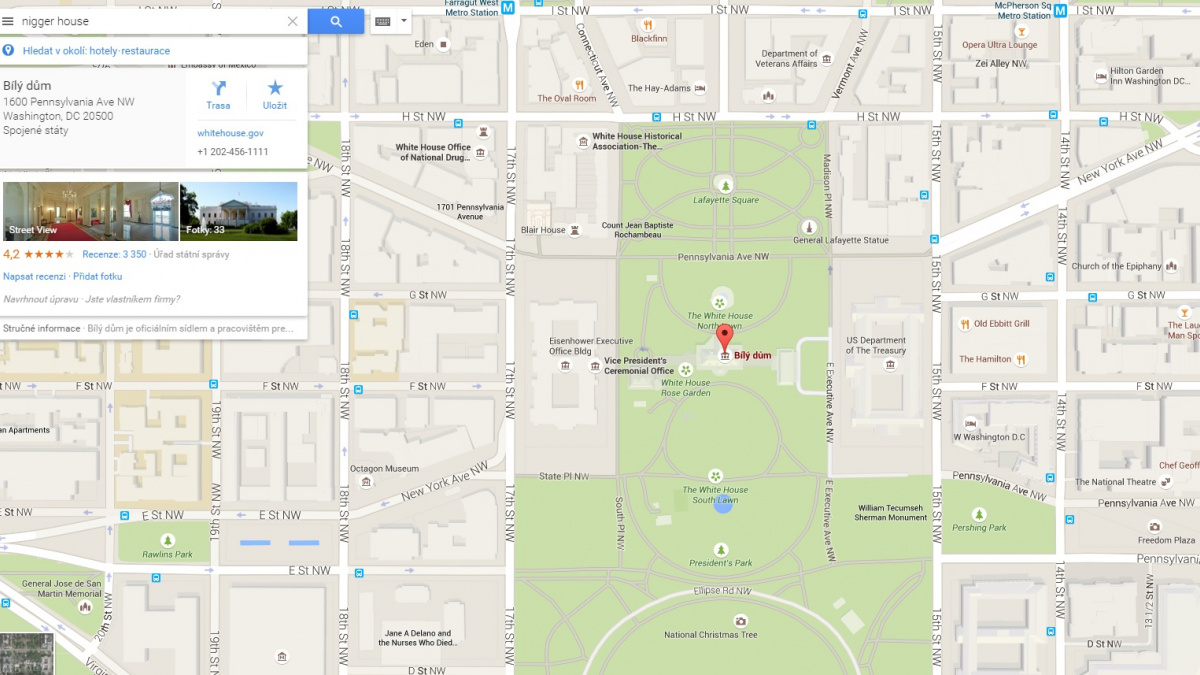 Po zadání hesla 'negerský dům' se na mapách Googlu objeví Bílý dům