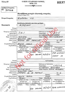 Dokument o převodu vlastnických podílů ve společnosti Eurmax Limited