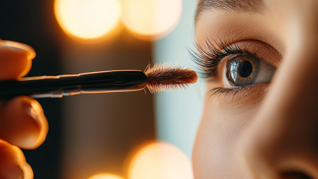 woman-applying-mascara-front-welllit-mirror-detailed-focus-her-lashes-soft-light-reflecting-from-makeup